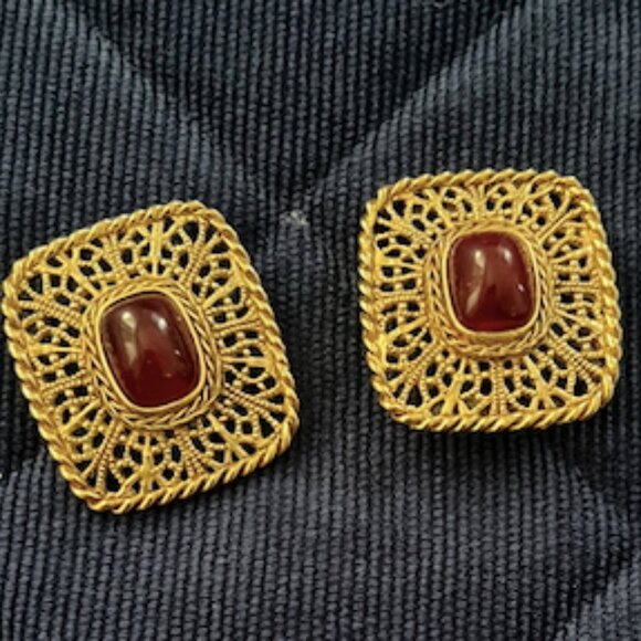 1960s Vintage Givenchy Red Resin Cabochon Ornate Clip-On Earrings | Parisian Lux - Picture 1 of 3